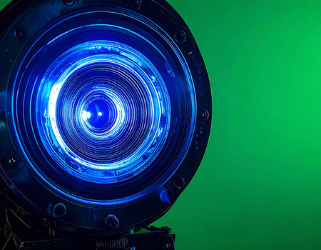The glowing blue eye of a futuristic cinema lens focuses intently, ready to capture or project a new reality. Set against a vibrant green screen, this image symbolizes the intersection of high technology, filmmaking, and digital creation, perfect for concepts of innovation, surveillance, or virtual worlds.の素材