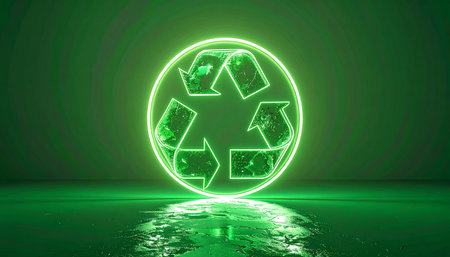 A vibrant green neon recycling symbol glows intensely, its light reflecting on a sleek, wet surface. This futuristic icon represents a commitment to sustainability, clean energy, and innovative technological solutions for a healthier planet.の素材