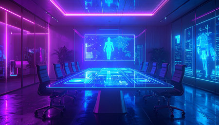In a high-tech command center bathed in blue and purple neon, a holographic table awaits the next strategic meeting. On the main screen, a digital avatar presents vital data, symbolizing the fusion of human intellect and artificial intelligence in the future of corporate decision-making.の素材