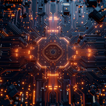 In the heart of a supercomputer, the central AI processor awakens, sending pulses of glowing orange energy through intricate circuits. This is the digital brain in action, processing vast amounts of data and powering the next wave of technological innovation. A visual metaphor for big data, machine learning, and the future of computing.の素材