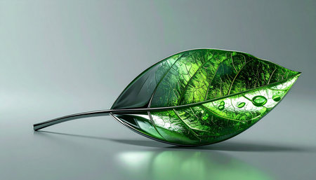 A single, flawlessly crafted bionic leaf rests on a sleek surface, its vibrant green sheen reflecting a vision of the future. Glistening water droplets cling to its glossy form, symbolizing the perfect fusion of natures purity and technological innovation.の素材