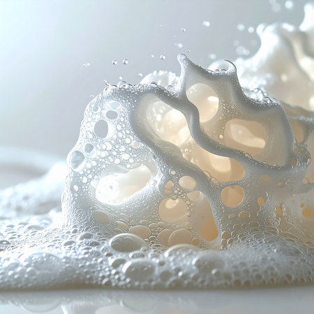 A dynamic, high-speed capture of a creamy white liquid splashing, creating an intricate, luminous structure of foam and bubbles. The bright, clean lighting highlights the purity and energy of the moment, perfect for concepts of freshness, health, and vitality.の素材