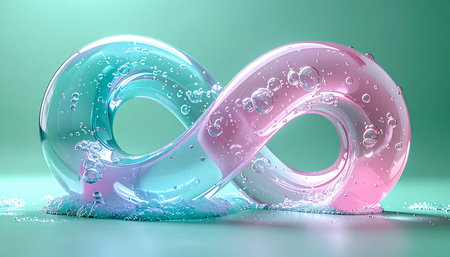A transparent infinity symbol, crafted from a viscous gel, rests on a surface. One side glows with a cool teal while the other radiates a warm pink, their colors merging at the center. Bubbles suspended within the fluid suggest life and energy, symbolizing an endless connection, duality, and the seamless flow of ideas or relationships.の素材
