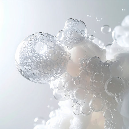 A delicate macro view captures the intricate structure of cleansing foam, where airy bubbles cluster together in a soft, bright light. This abstract image evokes a sense of purity, gentle care, and the science behind effective skincare.の素材