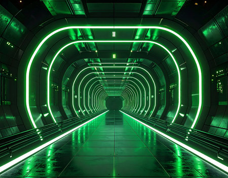 Step into a gleaming, high-tech passageway illuminated by a vibrant green glow. The endless, symmetrical design creates a sense of infinite possibility, perfect for concepts of future technology, virtual reality, and digital exploration.の素材