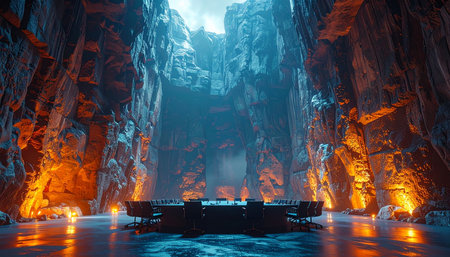 Deep within a hidden cavern, a high-tech boardroom awaits a clandestine meeting. The cool light from above and the warm glow from the rock walls create a dramatic atmosphere for powerful decisions and strategic planning. This is a secret headquarters where the future is forged in privacy and power.の素材