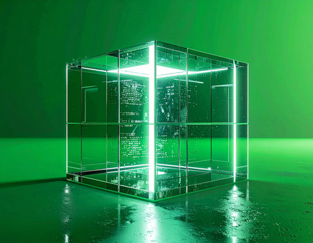 A powerful core of digital energy hums within a transparent cube, casting a vibrant green glow on the wet, reflective floor. This futuristic artifact represents the heart of innovation, data processing, and the limitless potential of artificial intelligence.の素材