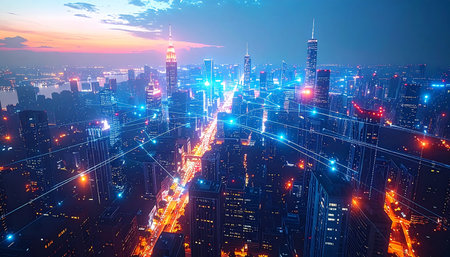 An aerial view captures a sprawling metropolis at twilight, where glowing blue lines of data connect towering skyscrapers. This vision of a smart city represents the future of global communication, innovation, and the constant flow of information in a digitally interconnected world.の素材