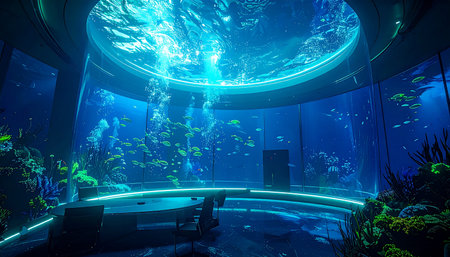 Step into a futuristic lounge where luxury meets the deep sea. A massive cylindrical aquarium serves as the centerpiece, its vibrant blue light illuminating a serene underwater world, offering a tranquil and immersive escape from reality.の素材