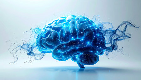 A glowing blue brain radiates streams of digital energy, symbolizing the power of artificial intelligence, innovation, and consciousness. This abstract concept illustrates a breakthrough in thought, data processing, and the limitless potential of the mind.の素材