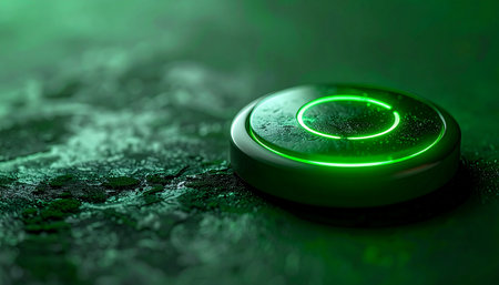 A sleek, futuristic device activates with a vibrant green glow on a dark, textured landscape. This mysterious beacon pulses with energy, symbolizing innovation, the start of a mission, or the unlocking of advanced technology.の素材