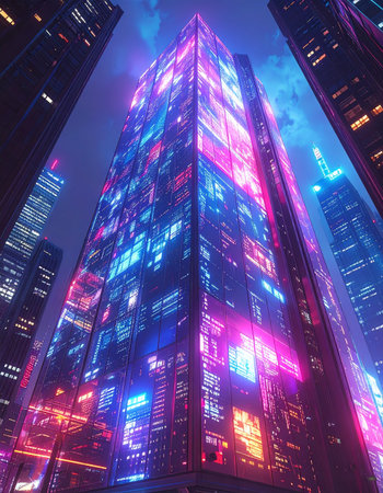 From the street level, a colossal skyscraper pierces the misty night sky, its facade a dazzling tapestry of glowing neon lights. This is the heart of a futuristic metropolis, a symbol of technological ambition and the vibrant, non-stop energy of a city of the future.の素材