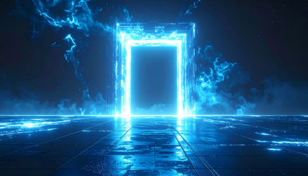 A brilliant blue neon portal hums with otherworldly energy, casting long reflections across a dark, wet floor. It stands as a mysterious gateway, an invitation to step through the threshold into an unknown dimension of future technology and discovery.の素材