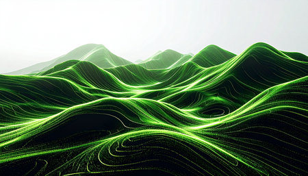 A stunning 3D rendering of a digital landscape, where waves of green energy flow across a dark terrain. This abstract visualization represents concepts of data flow, technological innovation, and the interconnectedness of the future.の素材