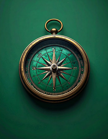 An old brass compass rests on a deep green surface, its needle steady and true. It represents a timeless tool for finding ones way, a symbol of guidance, purpose, and the start of a new adventure or strategic journey.の素材