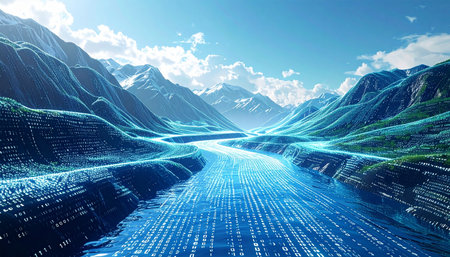 A luminous river of binary code carves its path through a serene mountain landscape, symbolizing the seamless integration of technology and nature. This digital stream represents the constant flow of information, big data, and global connectivity, flowing towards a future of innovation.の素材