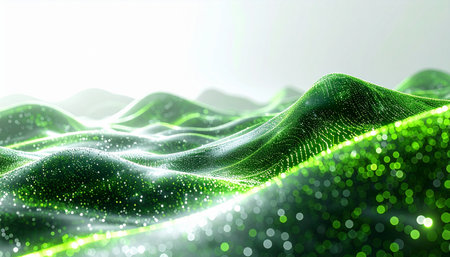 A vibrant digital landscape unfolds in waves of glowing green particles, creating a terrain of futuristic hills. This abstract background visualizes the flow of data, sustainable technology, and the boundless energy of a virtual world, blending natures form with digital innovation.の素材
