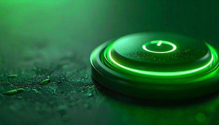 A single green power button glows with vibrant energy on a dark, wet surface, symbolizing the start of a new technological era or the activation of a powerful system. The neon light reflects on the textured ground, creating a futuristic and mysterious atmosphere of potential and innovation.の素材