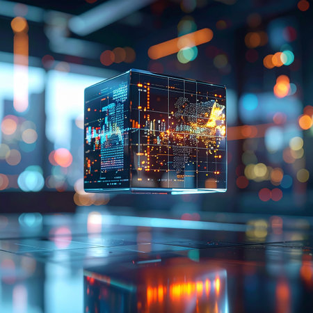A luminous data cube hovers in a futuristic space, containing the glowing blueprint of a smart city. This represents the power of big data, AI, and blockchain technology to visualize complex information and build the infrastructure of tomorrows digital world.の素材