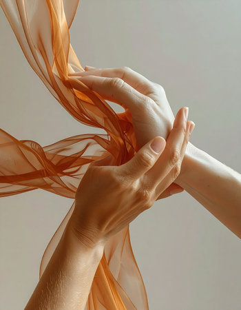 In a moment of quiet harmony, two hands gently connect through a delicate, flowing amber fabric. This artistic image symbolizes tenderness, support, and the graceful beauty of human connection and intimacy.の素材