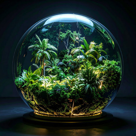 A self-sustaining miniature jungle thrives within a luminous glass biosphere. This glowing microcosm represents a perfect, protected ecosystem, symbolizing concepts of environmental conservation, sustainable growth, and the delicate balance of nature.の素材