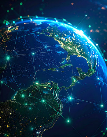 From the quiet expanse of space, glowing lines of data and communication crisscross the Americas, representing a seamless global network. This image visualizes the future of technology, international business, and the interconnected digital world that powers modern society.の素材