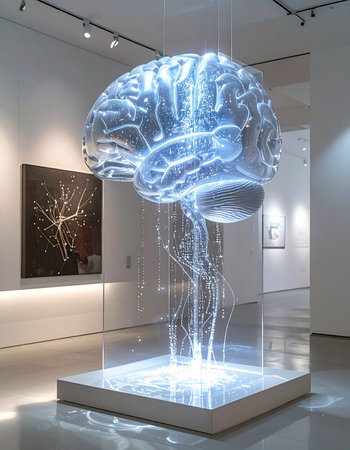 A brilliant, glowing brain sculpture stands as a monument to human intellect in a modern art gallery. This installation represents the intersection of art, science, and innovation, symbolizing the power of thought and the future of artificial intelligence.の素材
