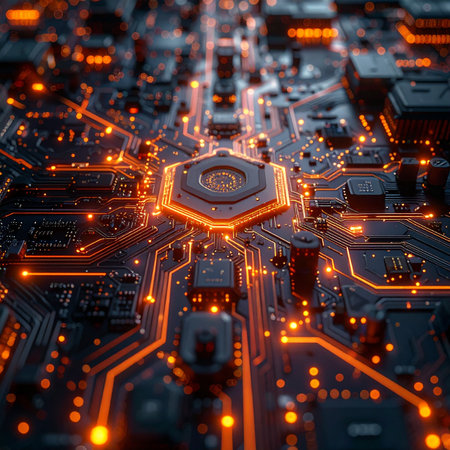 A central processor unit glows with vibrant orange energy, sending pulses of information through a complex network of circuits. This macro view captures the heart of modern technology, symbolizing the immense power of data processing, artificial intelligence, and the interconnected digital future.の素材