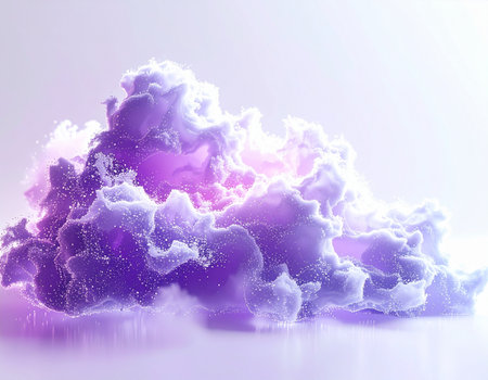 A vibrant plume of violet and purple smoke billows and expands against a luminous white backdrop. This abstract formation evokes a sense of magic, creativity, and the birth of a new idea, perfect for concepts related to innovation, mystery, and digital transformation.の素材