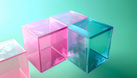 A clean, minimalist composition of translucent pink and green cubes overlap to create a modern, geometric structure. This abstract arrangement symbolizes concepts of clarity, organization, and the synergy of different elements coming together to form a cohesive whole.の素材