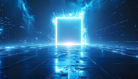 A brilliant blue neon portal hums with energy at the end of a futuristic, reflective corridor. This gateway represents a threshold to new dimensions, digital frontiers, or the unknown future, inviting viewers to step into a world of advanced technology and infinite possibilities.の素材