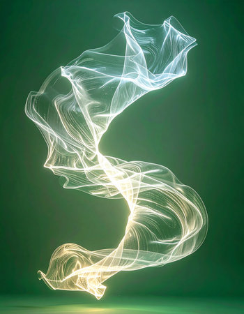 A graceful wisp of luminous energy materializes against a serene green backdrop. Its fluid, silk-like form dances in a gentle S-curve, transitioning from a warm glow to a cool light, symbolizing a harmonious blend of nature and technology.の素材