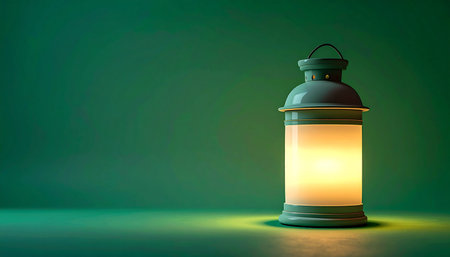 A traditional lantern casts a warm, inviting glow against a serene green background, symbolizing hope, peace, and the spiritual atmosphere of Ramadan. This minimalist composition offers ample copy space for greetings and messages.の素材