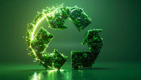 A symbol of recycling, crafted from reclaimed materials, glows with a vibrant green energy, symbolizing a hopeful future powered by sustainable technology and a circular economy. This 3D rendering represents the innovative solutions and progress being made in environmental conservation and waste management.の素材