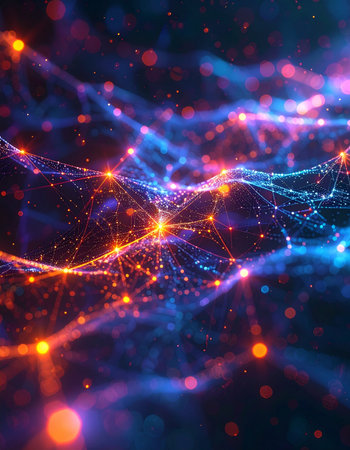 A vibrant digital cosmos comes to life as countless glowing nodes of data connect and communicate across a complex, flowing network. This visual representation of a neural network or global information stream evokes concepts of artificial intelligence, big data, and the boundless future of technology.の素材