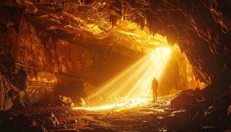 A lone adventurer stands in awe within a vast, ancient cavern. A brilliant beam of golden sunlight breaks through the darkness from above, illuminating the path forward. This image evokes a sense of discovery, hope, and the profound beauty of exploring the unknown.の素材