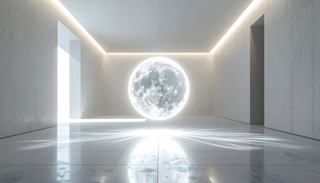 In a serene, minimalist gallery of the future, a captive moon glows with ethereal light. This surreal art installation casts long reflections on the polished floor, inviting viewers into a state of wonder and contemplation about the intersection of technology, nature, and space.の素材