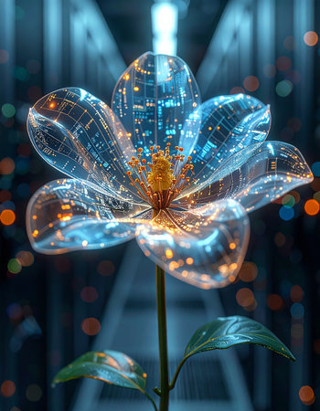 In a world where nature and technology merge, a single digital flower blooms. Its transparent petals reveal intricate, glowing circuits, symbolizing the beautiful synergy of organic growth and artificial intelligence. A concept of future innovation and the flow of data.の素材