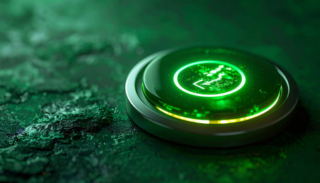 A single green button glows with immense power, set against a dark, rugged landscape. It represents a critical decision pointthe moment to activate a new technology, launch a sustainable energy source, or initiate a futuristic system. The intense light symbolizes hope, innovation, and the start of something significant.の素材