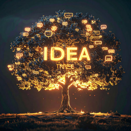 In the quiet of the night, a single tree illuminates the darkness, its branches heavy with glowing ideas and collaborative thoughts. This Idea Tree serves as a powerful symbol of collective intelligence, innovation, and the birth of creative solutions, where every leaf is a spark of inspiration waiting to be shared.の素材