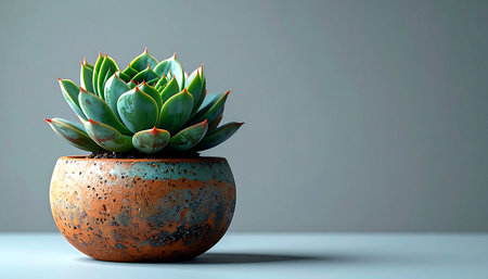 A single, vibrant green succulent rests in a beautifully textured, rustic ceramic pot. Set against a clean, muted background, this minimalist composition evokes a sense of calm, balance, and natural simplicity, perfect for concepts of wellness, mindfulness, and modern interior design.の素材