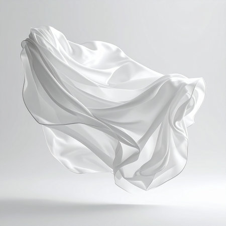 A piece of delicate white fabric is captured in mid-air, frozen in a moment of graceful flight. Its soft folds and curves create an elegant, abstract shape, suggesting a sense of freedom, purity, and effortless beauty against a clean, minimalist background.の素材
