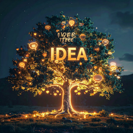 In the quiet of night, a single tree illuminates the darkness, its branches bearing the fruits of inspiration. Each glowing orb represents a nascent thought, culminating in the brilliant central IDEA. This magical scene visualizes the process of creative growth, from a single spark to a fully realized concept.の素材