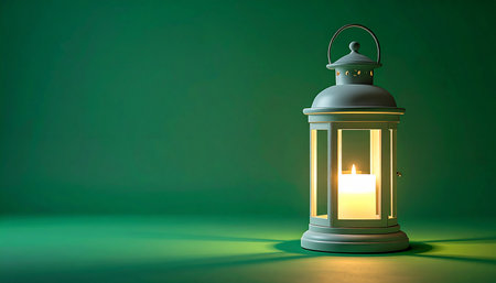 A single, elegant lantern casts a warm, hopeful glow from its flickering candle, illuminating a serene green background. This image evokes a sense of peace, faith, and quiet celebration, perfect for Ramadan, Eid, or any spiritual occasion.の素材