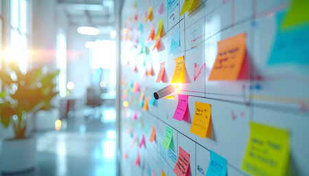 A close-up view of a Kanban board covered in colorful sticky notes, capturing the dynamic process of agile project management. The bright, modern office setting with a sun flare suggests a moment of clarity and strategic planning, where ideas are organized to drive innovation and achieve business goals.の素材