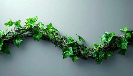 A vibrant green ivy garland winds gracefully across a smooth, cool-toned wall. This simple yet elegant botanical element provides a touch of nature and tranquility, perfect for minimalist interior design, wedding decorations, or as a fresh background with ample copy space.の素材