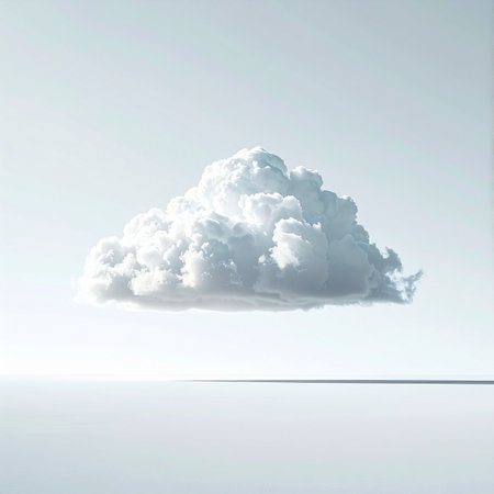 A single, perfectly formed cumulus cloud floats in a serene, minimalist space. This surreal and clean image evokes a sense of peace, imagination, and the boundless potential of ideas, making it ideal for concepts related to technology, creativity, and tranquility.の素材