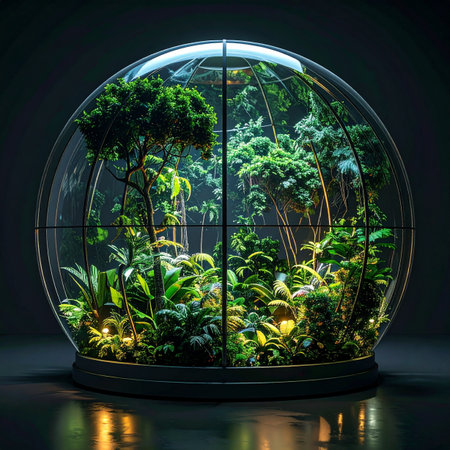 A self-sustaining miniature jungle thrives within a futuristic glass sphere. Illuminated from within, this glowing biodome represents a perfect harmony of nature and technology, symbolizing environmental conservation, sustainable growth, and a protected future.の素材