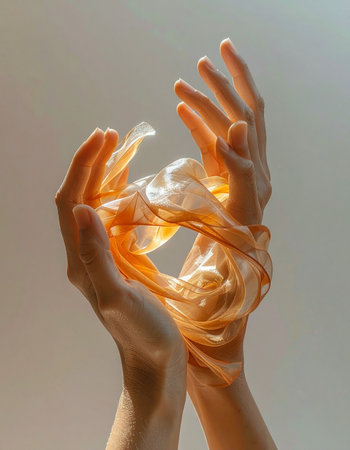 In a moment of quiet discovery, two hands gently cradle a new, luminous bioplastic. The warm, ethereal glow from within the flexible material symbolizes hope, innovation, and a sustainable future created through human ingenuity and care for the environment.の素材