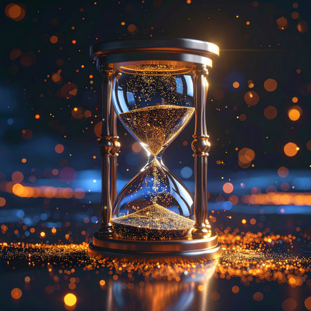 In a dance of light and shadow, a glimmering hourglass measures the precious sands of time. Each falling grain, a sparkling moment of opportunity against a backdrop of futuristic bokeh, symbolizing the urgent, beautiful, and fleeting nature of the present.の素材